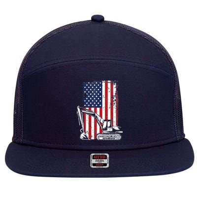 4th of July American Flag Construction Backhoe Excavator 7 Panel Mesh Trucker Snapback Hat