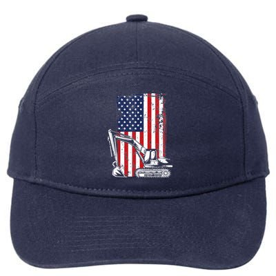 4th of July American Flag Construction Backhoe Excavator 7-Panel Snapback Hat