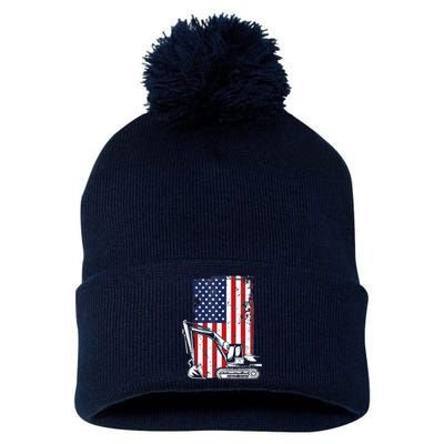 4th of July American Flag Construction Backhoe Excavator Pom Pom 12in Knit Beanie