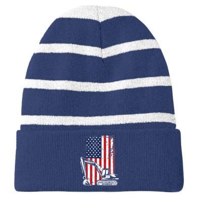 4th of July American Flag Construction Backhoe Excavator Striped Beanie with Solid Band