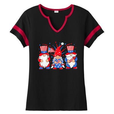 4th Of July Gnomes Patriotic American Flag Cute Three Gnomes Cool Gift Ladies Halftime Notch Neck Tee