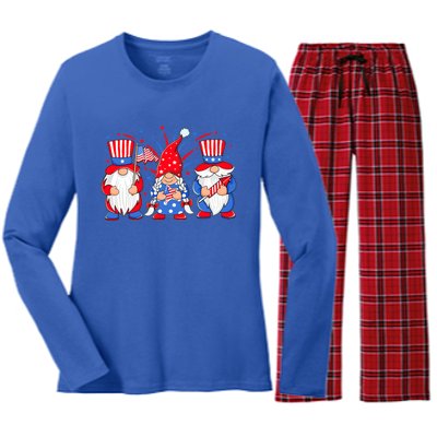 4th Of July Gnomes Patriotic American Flag Cute Three Gnomes Cool Gift Women's Long Sleeve Flannel Pajama Set 