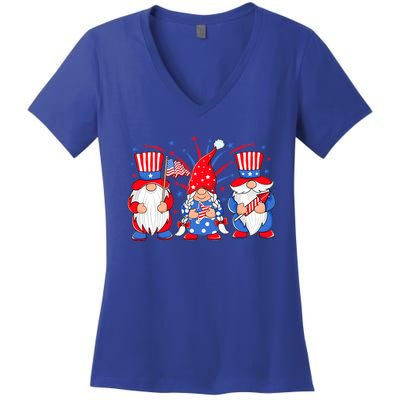 4th Of July Gnomes Patriotic American Flag Cute Three Gnomes Cool Gift Women's V-Neck T-Shirt