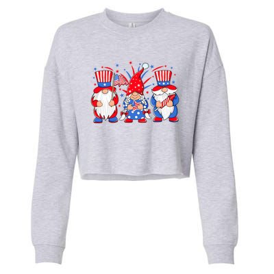 4th Of July Gnomes Patriotic American Flag Cute Three Gnomes Cool Gift Cropped Pullover Crew