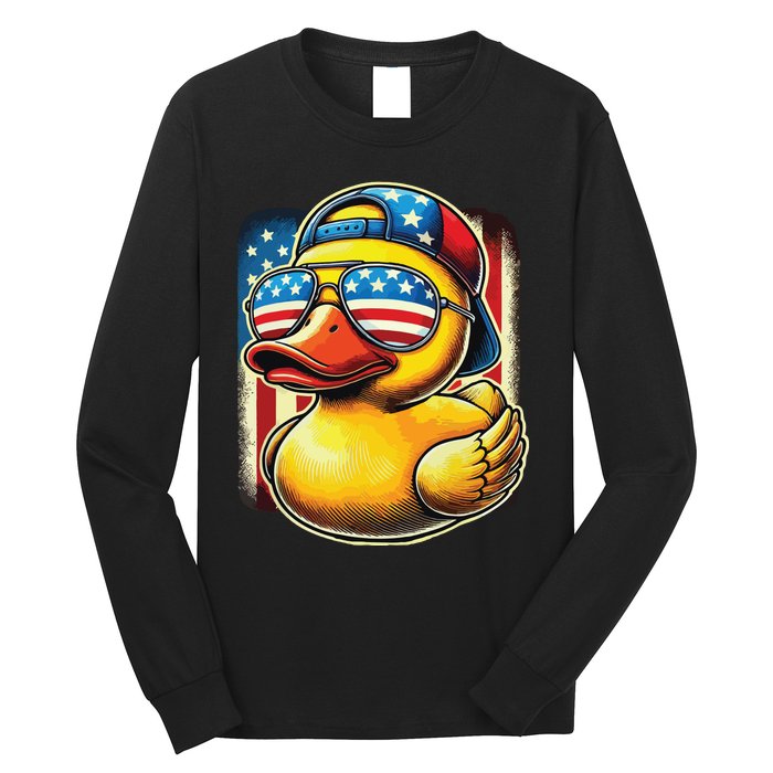 4th Of July Patriotic Rubber Duck Usa Flag Gift Funny Duck Long Sleeve Shirt