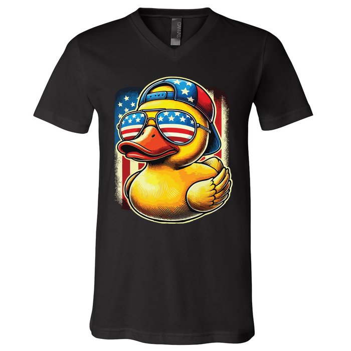 4th Of July Patriotic Rubber Duck Usa Flag Gift Funny Duck V-Neck T-Shirt