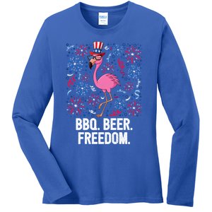 4th Of July Bbq Beer Freedom Flamingo Us Flag Patriotic Great Gift Ladies Long Sleeve Shirt