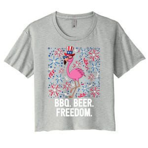 4th Of July Bbq Beer Freedom Flamingo Us Flag Patriotic Great Gift Women's Crop Top Tee