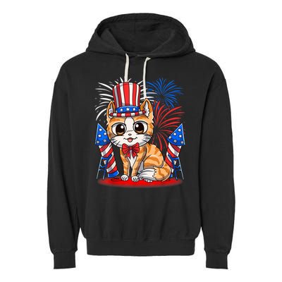 4th of July Patriotic Cat Funny American Flag Meowica Cute Garment-Dyed Fleece Hoodie