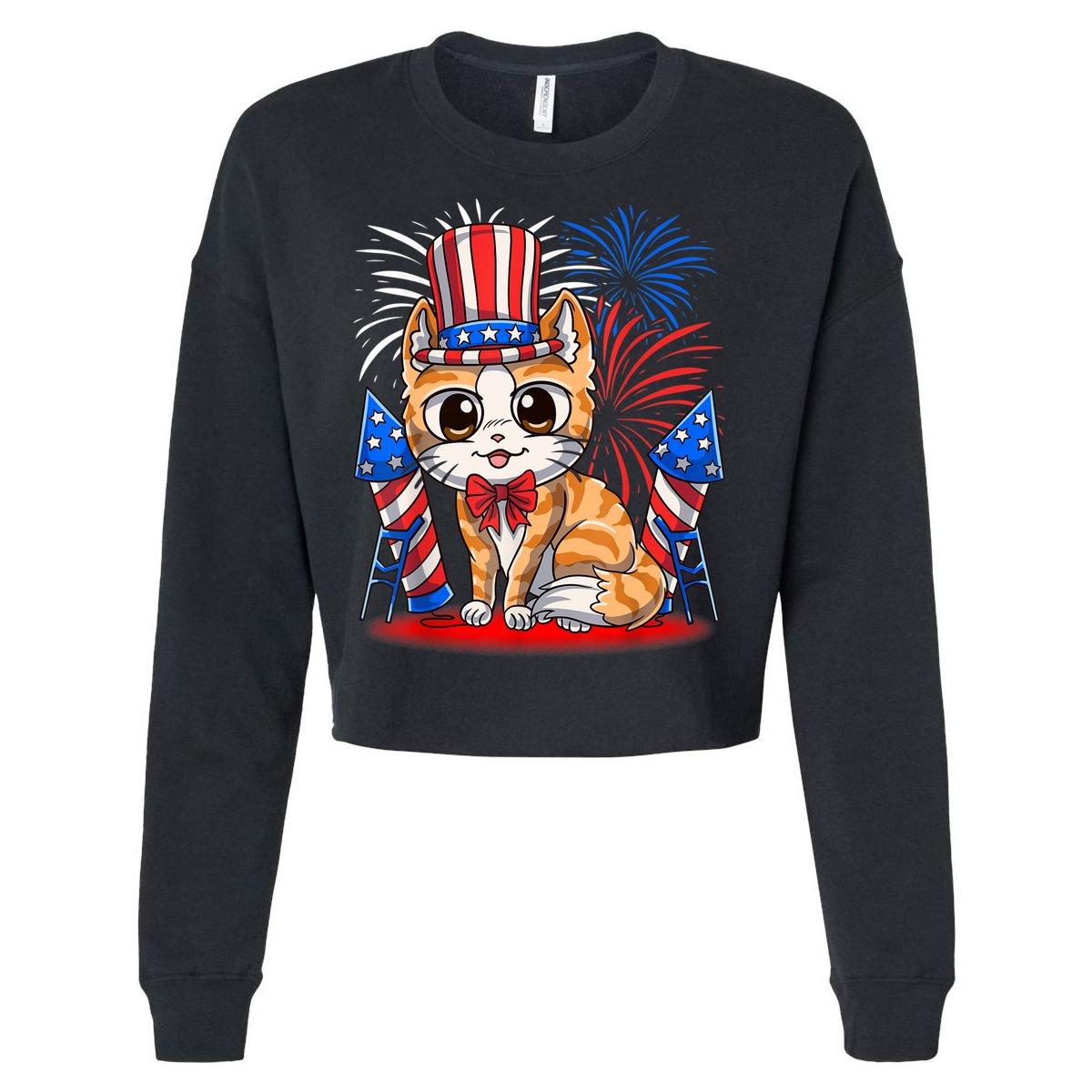 4th of July Patriotic Cat Funny American Flag Meowica Cute Cropped Pullover Crew