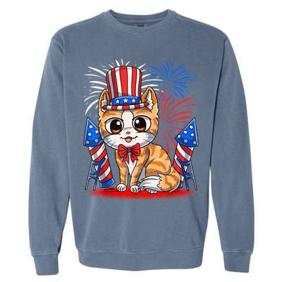 4th of July Patriotic Cat Funny American Flag Meowica Cute Garment-Dyed Sweatshirt