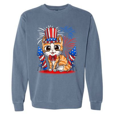 4th of July Patriotic Cat Funny American Flag Meowica Cute Garment-Dyed Sweatshirt