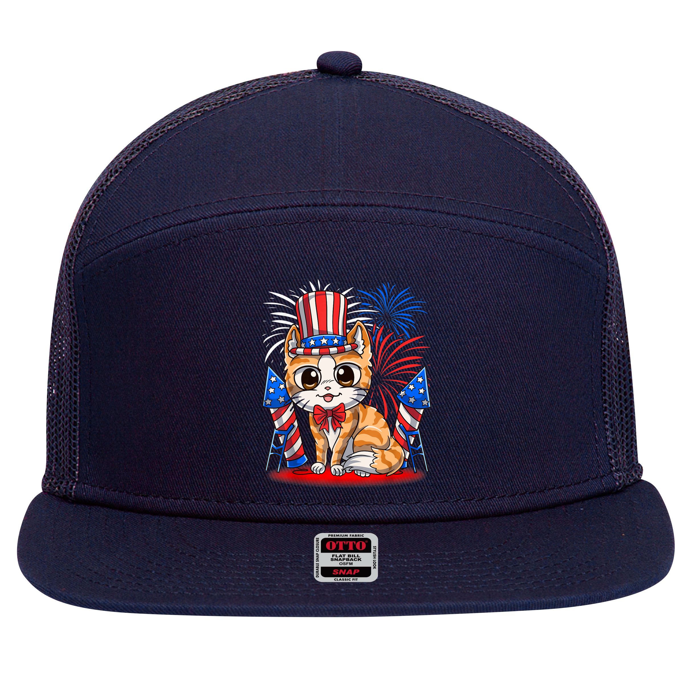 4th of July Patriotic Cat Funny American Flag Meowica Cute 7 Panel Mesh Trucker Snapback Hat