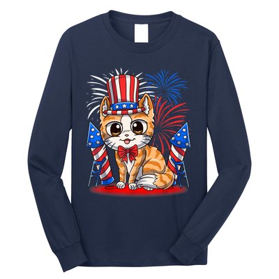 4th of July Patriotic Cat Funny American Flag Meowica Cute Long Sleeve Shirt