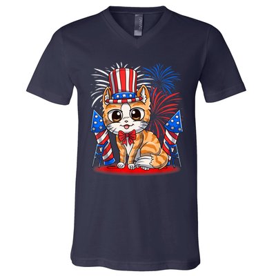 4th of July Patriotic Cat Funny American Flag Meowica Cute V-Neck T-Shirt