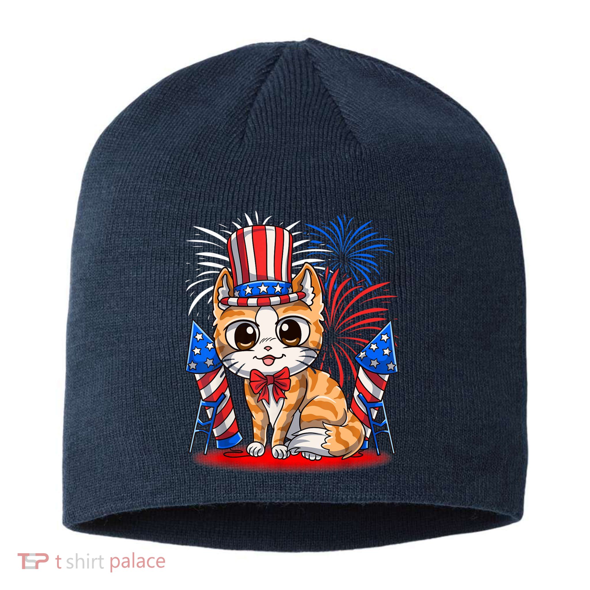 4th of July Patriotic Cat Funny American Flag Meowica Cute Sustainable Beanie