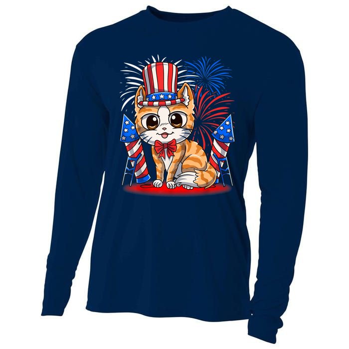 4th of July Patriotic Cat Funny American Flag Meowica Cute Cooling Performance Long Sleeve Crew