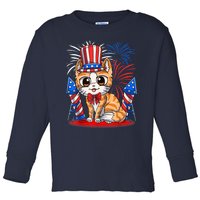 4th of July Patriotic Cat Funny American Flag Meowica Cute Toddler Long Sleeve Shirt