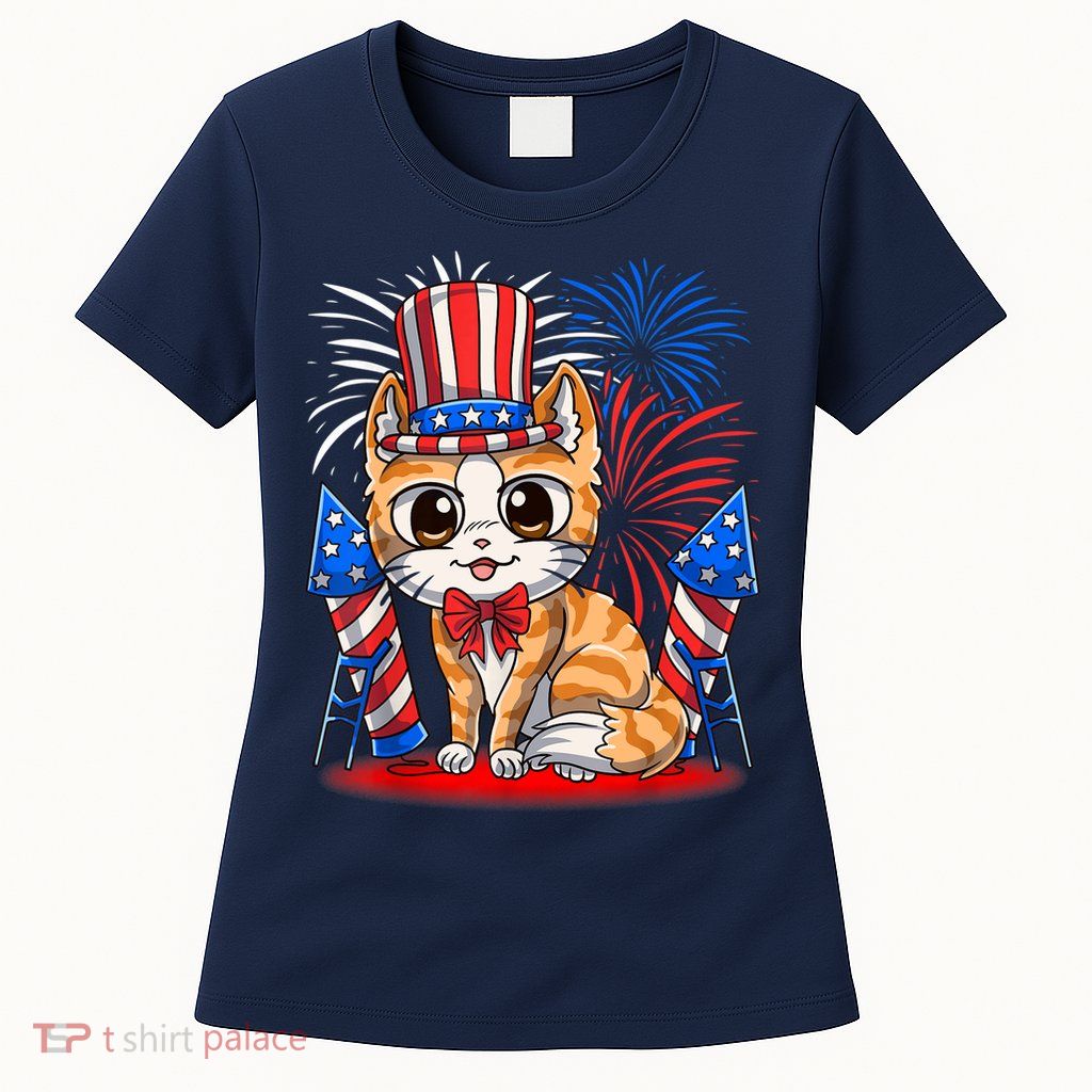 4th of July Patriotic Cat Funny American Flag Meowica Cute Womens T-Shirt