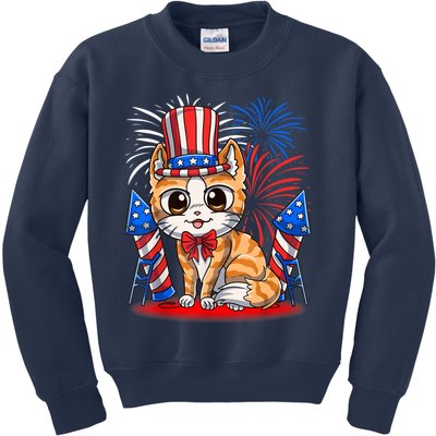 4th of July Patriotic Cat Funny American Flag Meowica Cute Kids Sweatshirt