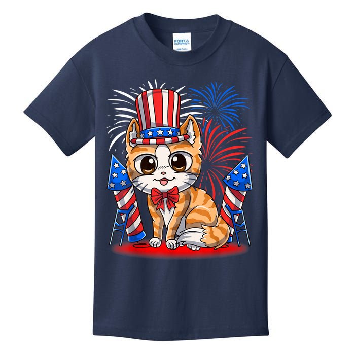 4th of July Patriotic Cat Funny American Flag Meowica Cute Kids T-Shirt