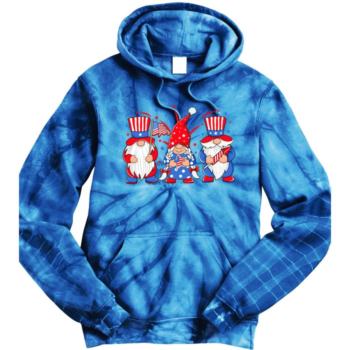 4th Of July Gnomes Patriotic American Flag Cute Three Gnomes Gift Tie Dye Hoodie