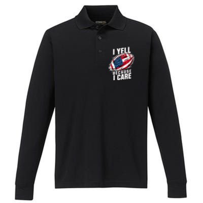 4th Of July I Yell Because I Care Patriotic Football Usa Flag Gift Performance Long Sleeve Polo