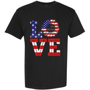 4th Of July Love Sunflower Patriotic American Flag Garment-Dyed Heavyweight T-Shirt