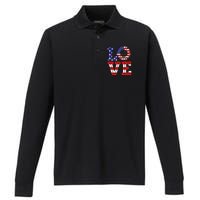 4th Of July Love Sunflower Patriotic American Flag Performance Long Sleeve Polo