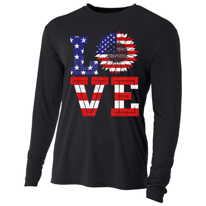 4th Of July Love Sunflower Patriotic American Flag Cooling Performance Long Sleeve Crew