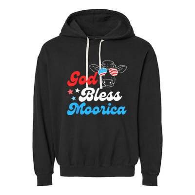 4th of July Cow With American Flag Glasses God Bless Moorica Garment-Dyed Fleece Hoodie