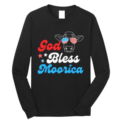 4th of July Cow With American Flag Glasses God Bless Moorica Long Sleeve Shirt