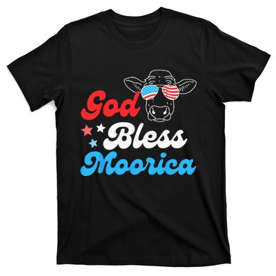 4th of July Cow With American Flag Glasses God Bless Moorica T-Shirt