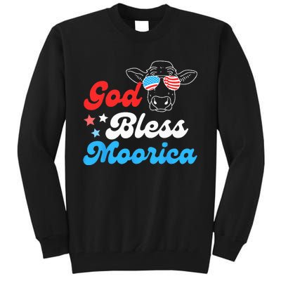 4th of July Cow With American Flag Glasses God Bless Moorica Tall Sweatshirt