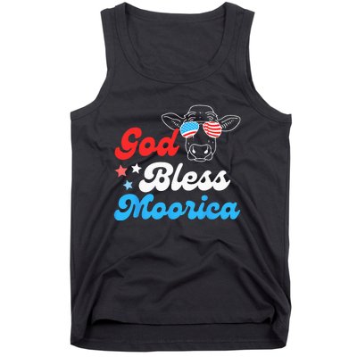 4th of July Cow With American Flag Glasses God Bless Moorica Tank Top