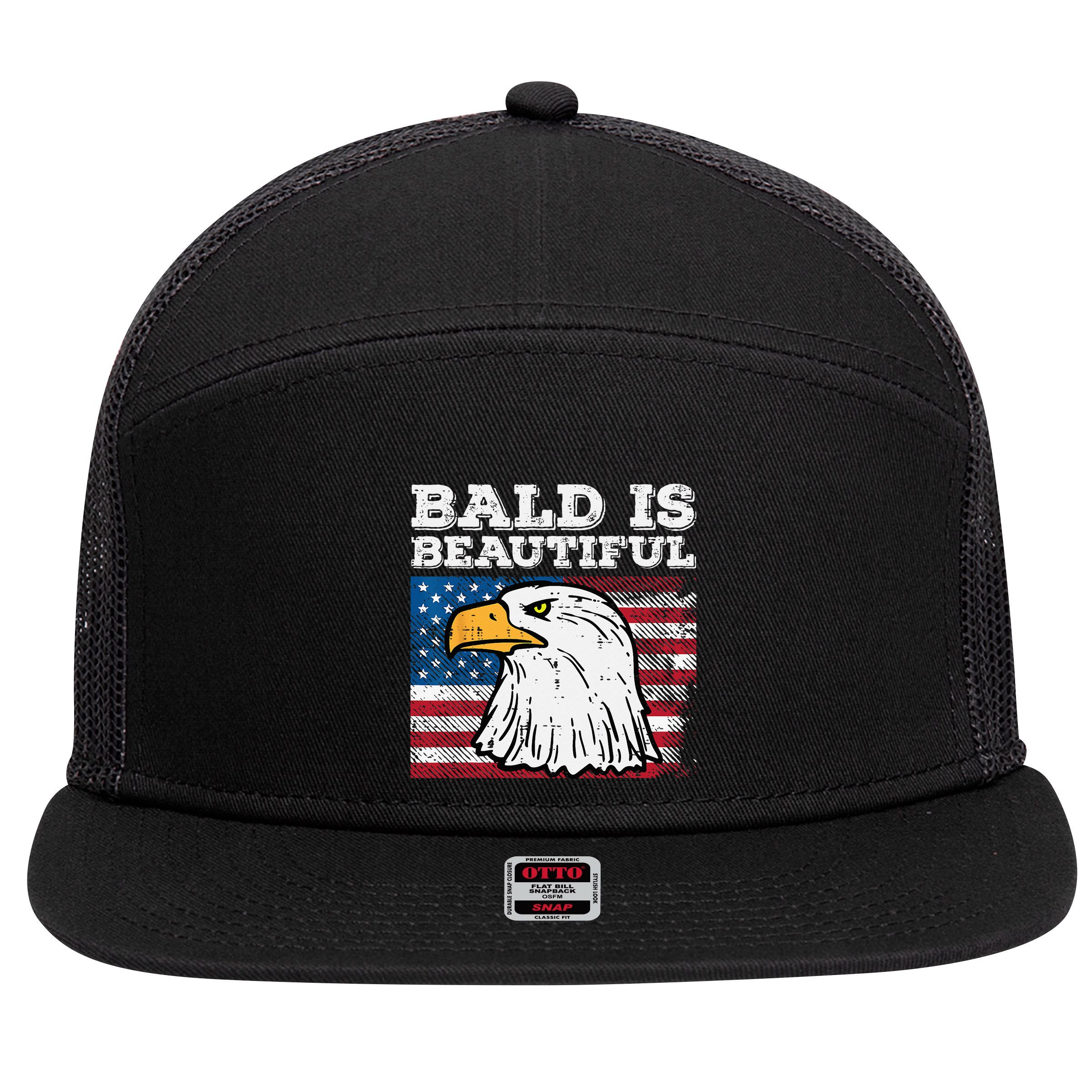 4th Of July Bald Is Beautiful Eagle Patriotic 7 Panel Mesh Trucker Snapback Hat