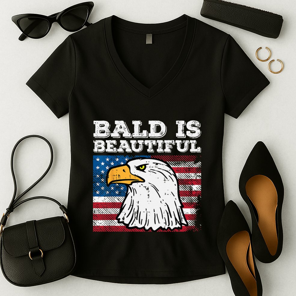 4th Of July Bald Is Beautiful Eagle Patriotic Women's V-Neck T-Shirt