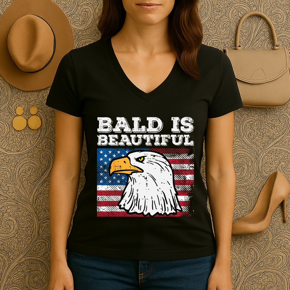 4th Of July Bald Is Beautiful Eagle Patriotic Women's V-Neck T-Shirt