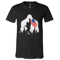 4th of July Bigfoot Sasquatch USA American Flag V-Neck T-Shirt