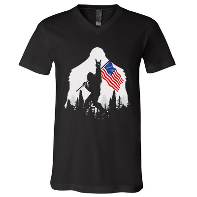 4th of July Bigfoot Sasquatch USA American Flag V-Neck T-Shirt