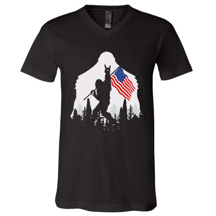 4th of July Bigfoot Sasquatch USA American Flag V-Neck T-Shirt