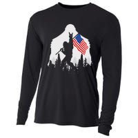 4th of July Bigfoot Sasquatch USA American Flag Cooling Performance Long Sleeve Crew