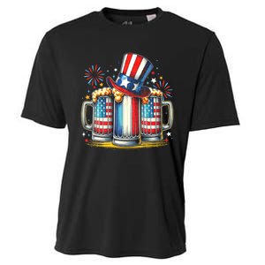 4th Of July For Beer American Flag Drinking Cooling Performance Crew T-Shirt