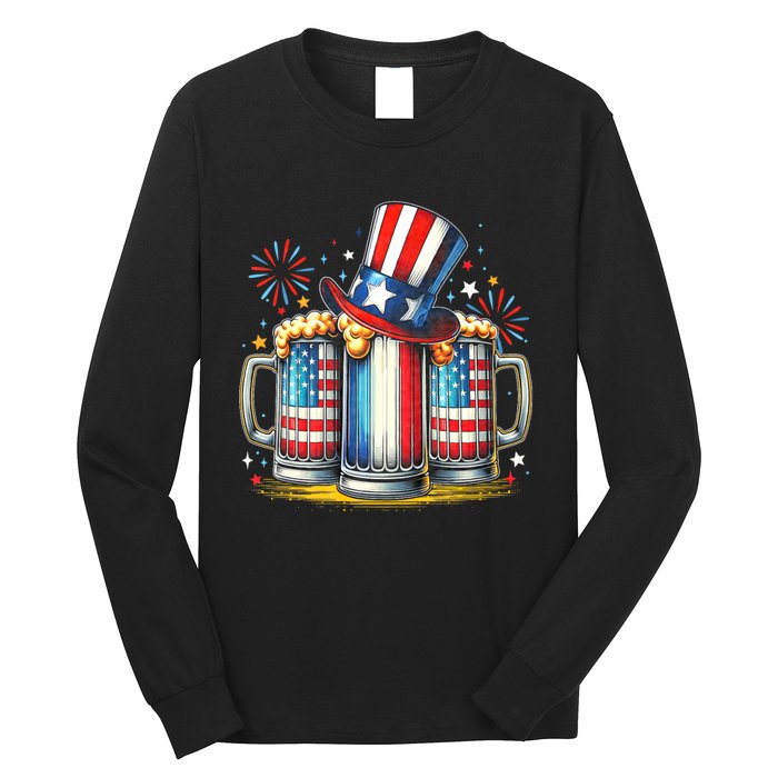 4th Of July For Beer American Flag Drinking Long Sleeve Shirt