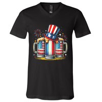 4th Of July For Beer American Flag Drinking V-Neck T-Shirt