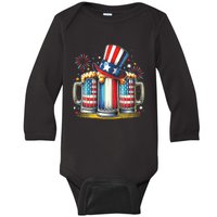 4th Of July For Beer American Flag Drinking Baby Long Sleeve Bodysuit