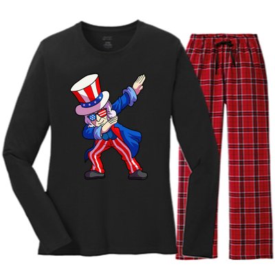 4th of July Dabbing Uncle Sam Women's Long Sleeve Flannel Pajama Set 