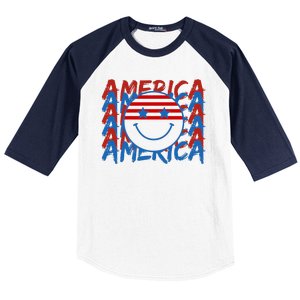 4th Of July Festive Holiday Smiley Face Baseball Sleeve Shirt