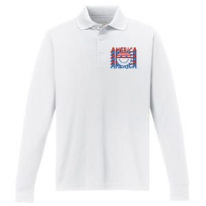 4th Of July Festive Holiday Smiley Face Performance Long Sleeve Polo