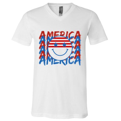 4th Of July Festive Holiday Smiley Face V-Neck T-Shirt